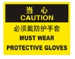  国际标准标识 当心类标示 必须戴防护手套 MUST WEAR PROTECTIVE GLOVES